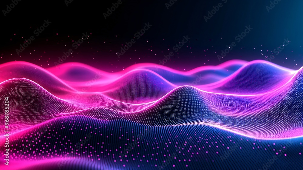 Aufkleber Abstract digital wave with vibrant energy lines representing data transmission in a futuristic grid-like structure dark background with neon accents Large space for text in center Stock photo with