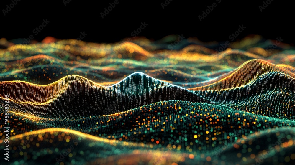 Aufkleber Abstract digital wave with vibrant energy lines representing data transmission in a futuristic grid-like structure dark background with neon accents Large space for text in center Stock photo with