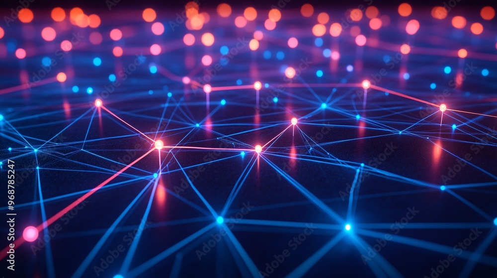 Aufkleber Matrix of interconnected nodes and lines in vibrant neon colors representing data flow and connectivity within a digital network futuristic cyber landscape Large space for text in center Stock photo