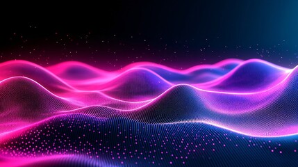 Obraz premium Abstract digital wave with vibrant energy lines representing data transmission in a futuristic grid-like structure dark background with neon accents Large space for text in center Stock photo with