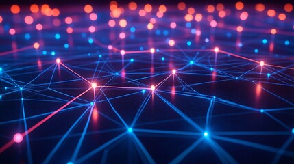 Obraz premium Matrix of interconnected nodes and lines in vibrant neon colors representing data flow and connectivity within a digital network futuristic cyber landscape Large space for text in center Stock photo