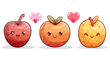 Three cartoon apples with hearts on them. The apples are smiling and appear to be happy. The apples are arranged in a row, with the middle apple slightly larger than the other two