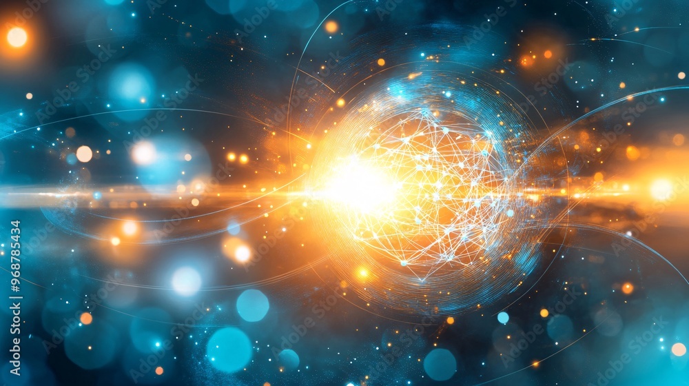 Aufkleber Dynamic quantum computing background with layered orbs representing qubits swirling in a complex pattern of energy waves futuristic science concept Large space for text in center Stock photo with