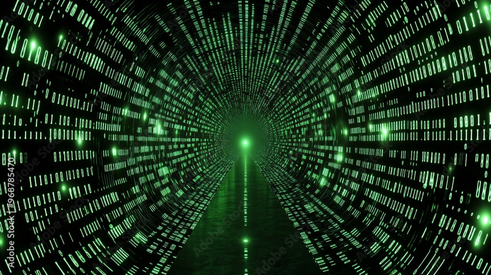 Aufkleber Glowing binary code streams flowing in a digital pattern across a dark tech-inspired background symbolizing data movement and cyber technology Large space for text in center Stock photo with copy