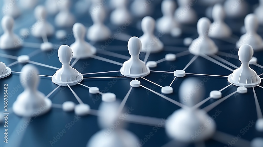 Poster a visual representation of social connections with white figures connecting through lines on a blue 