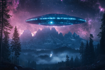 Obraz premium UFO over misty mountains and forest, glowing in a starry sky with colorful nebulae above