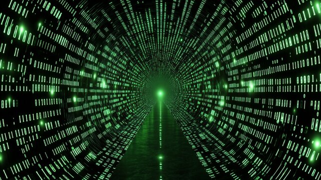 Glowing binary code streams flowing in a digital pattern across a dark tech-inspired background symbolizing data movement and cyber technology Large space for text in center Stock photo with copy