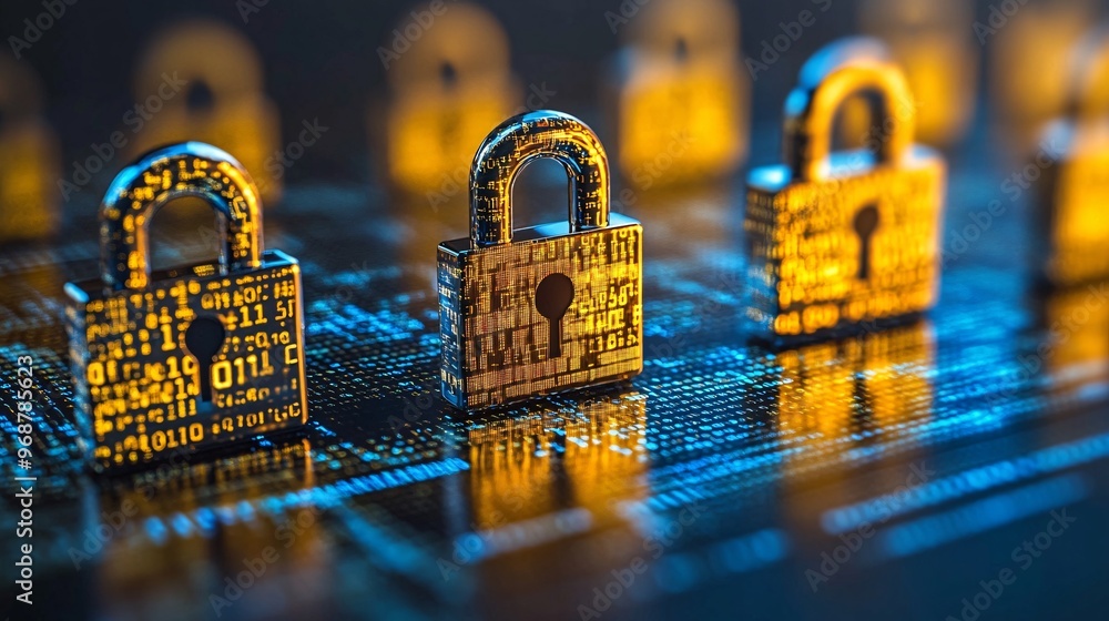 Leinwandbilder Digital matrix filled with encrypted code floating locks and shields symbolizing cybersecurity and encryption layers tech-inspired abstract background Large space for text in center Stock photo with