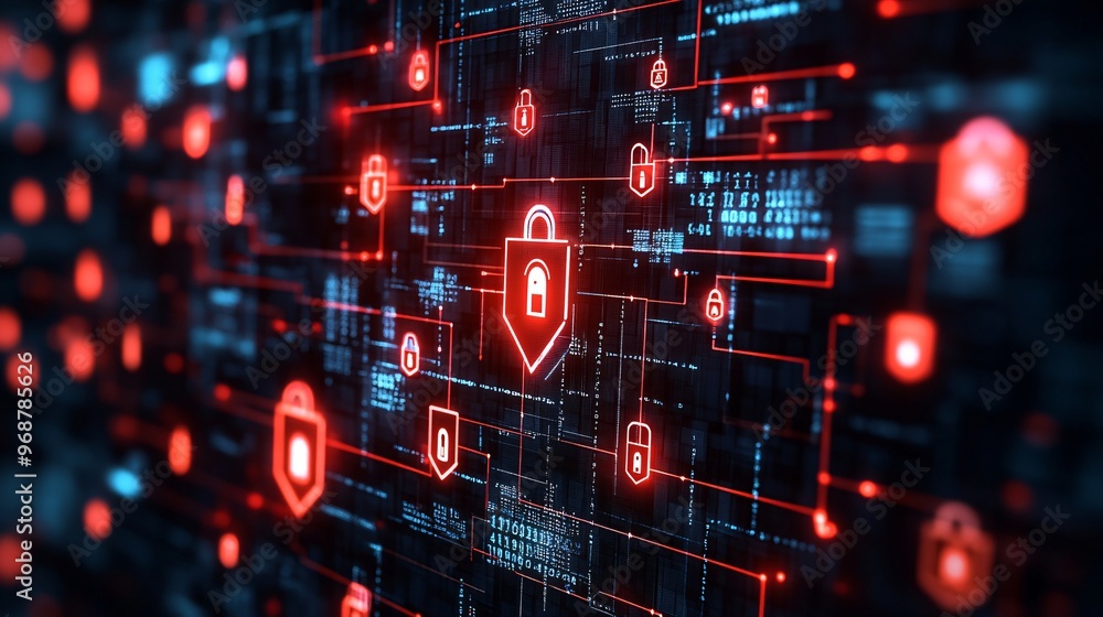 Aufkleber Digital matrix filled with encrypted code floating locks and shields symbolizing cybersecurity and encryption layers tech-inspired abstract background Large space for text in center Stock photo with