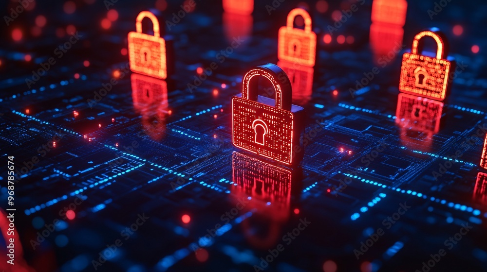 Poster Digital matrix filled with encrypted code floating locks and shields symbolizing cybersecurity and encryption layers tech-inspired abstract background Large space for text in center Stock photo with