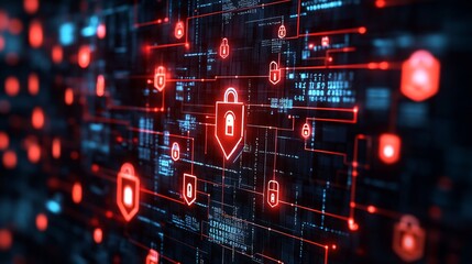 Digital matrix filled with encrypted code floating locks and shields symbolizing cybersecurity and encryption layers tech-inspired abstract background Large space for text in center Stock photo with