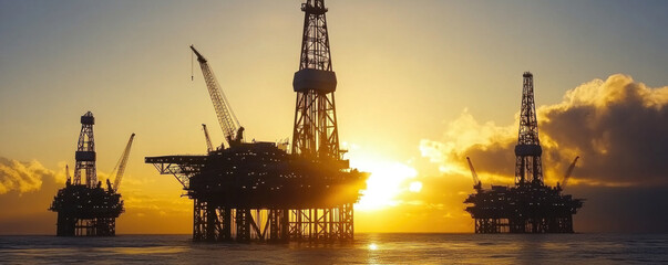 Obraz premium A sunset over the ocean with three oil rigs in the background. The sun is setting and the sky is orange