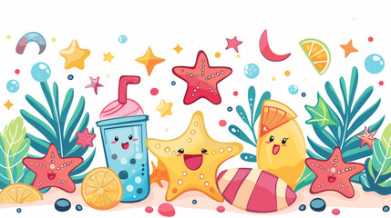 Obraz premium A cartoonish scene of a beach with a drink, a star, and an orange. The drink is a straw cup with a straw in it. The star is smiling and the orange is also smiling. The scene is bright and cheerful