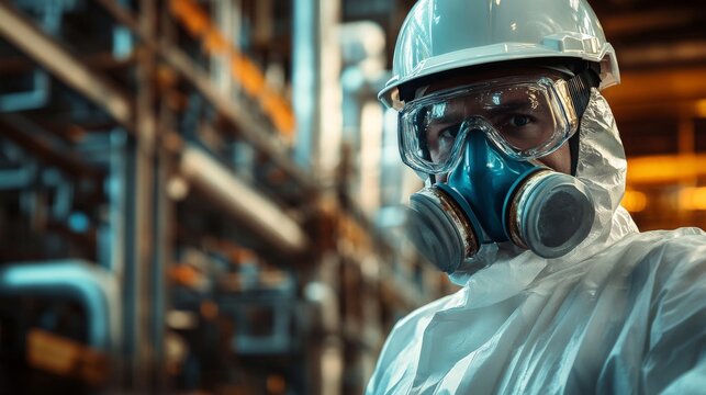 Industrial Worker in Protective Gear with Gas Mask and Safety Glasses