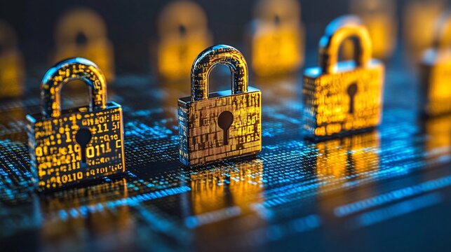 Digital matrix filled with encrypted code floating locks and shields symbolizing cybersecurity and encryption layers tech-inspired abstract background Large space for text in center Stock photo with