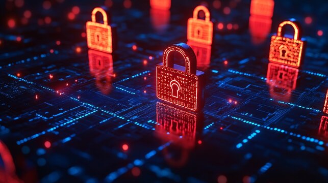 Digital matrix filled with encrypted code floating locks and shields symbolizing cybersecurity and encryption layers tech-inspired abstract background Large space for text in center Stock photo with