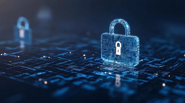 Digital matrix filled with encrypted code floating locks and shields symbolizing cybersecurity and encryption layers tech-inspired abstract background Large space for text in center Stock photo with