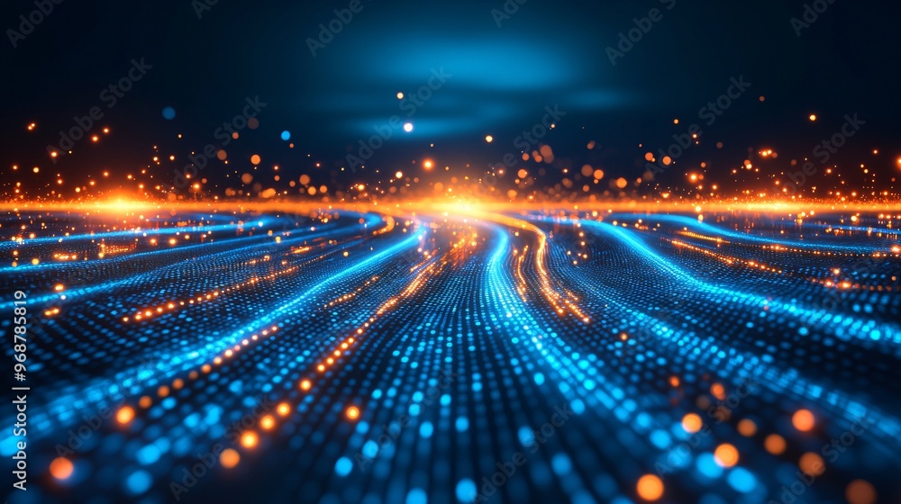 Aufkleber Futuristic data stream visualization with flowing lines and glowing digital particles moving through a 3D grid symbolizing high-tech connectivity Large space for text in center Stock photo with copy