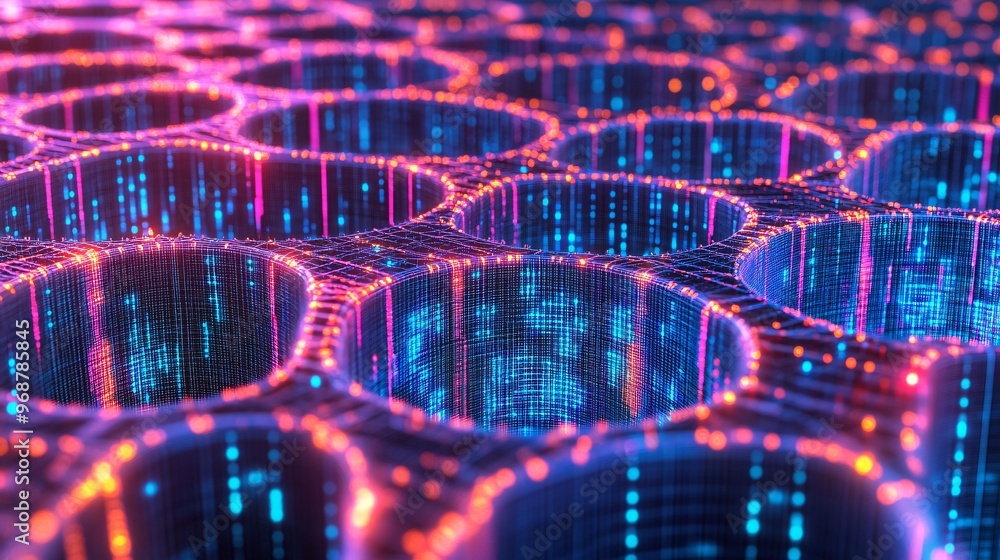 Aufkleber AI neural network interface glowing with bright nodes and interconnecting lines representing the processing of vast amounts of machine learning data Large space for text in center Stock photo with