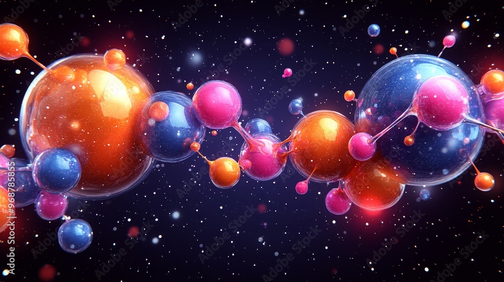 Poster abstract illustration of colorful molecules floating in space, symbolizing science and chemistry con