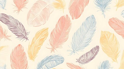 Fototapeta premium Colorful Feather Pattern Watercolor Boho Seamless Background Texture Design Illustration Pastel