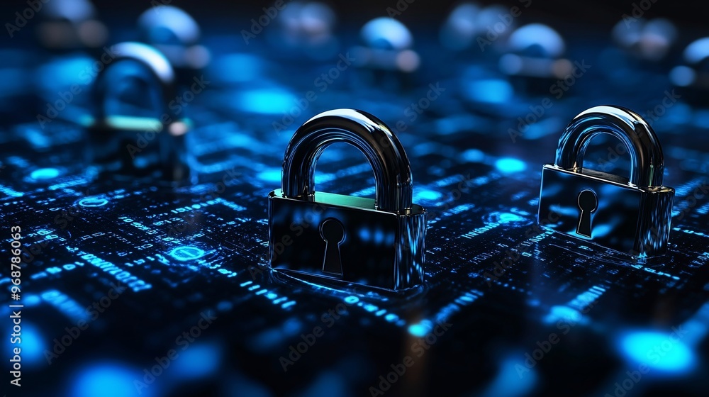 Aufkleber Cybersecurity code matrix with flowing green and blue digital data encrypted codes floating on a dark background with locks symbolizing protection Large space for text in center Stock photo with copy