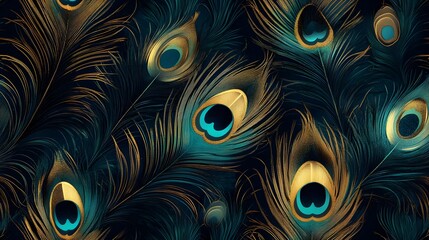 Peacock Feathers   Gold and Teal Seamless Pattern