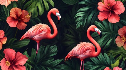 Tropical Paradise  Pink Flamingos and Hibiscus Flowers in Lush Foliage