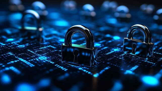 Cybersecurity code matrix with flowing green and blue digital data encrypted codes floating on a dark background with locks symbolizing protection Large space for text in center Stock photo with copy
