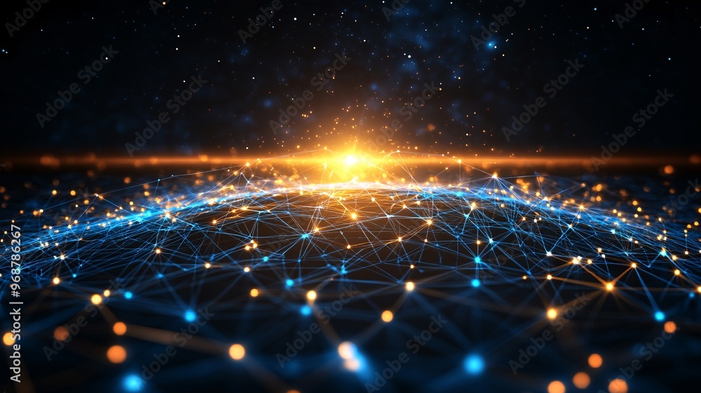 Poster Data flow through a futuristic digital grid with glowing blue energy lines symbolizing advanced technology and network connectivity Large space for text in center Stock photo with copy space