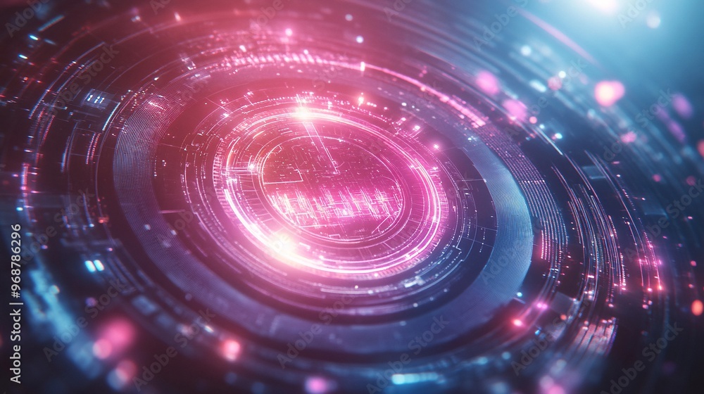 Aufkleber Holographic UI with floating 3D touch screens and transparent data displays symbolizing futuristic technology and immersive user interaction Large space for text in center Stock photo with copy space