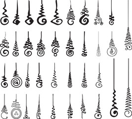 Thailand talisman set. Thai ancient traditional tattoo,Sak yant thai. Unalome symbol, Hindu or Buddhist sign representing path to enlightenment. Yantras Tattoo icon. Simple. Isolated vector.