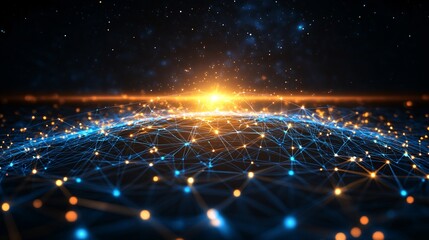 Obraz premium Data flow through a futuristic digital grid with glowing blue energy lines symbolizing advanced technology and network connectivity Large space for text in center Stock photo with copy space