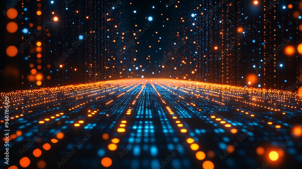 Poster Quantum computing concept visual with glowing qubits and dynamic particles flowing in a high-tech abstract background futuristic data science Large space for text in center Stock photo with copy space