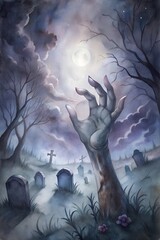Naklejka premium Spooky Halloween Cemetery with a Zombie Hand Reaching from the Grave