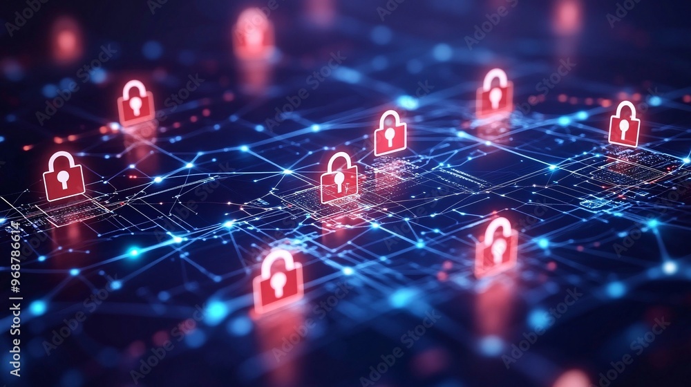 Aufkleber Cyber matrix of encrypted data and floating locks representing protection and cybersecurity advanced tech and network safety Large space for text in center Stock photo with copy space
