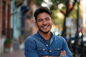 Fototapeta premium Confident young Hispanic man smiling on street.