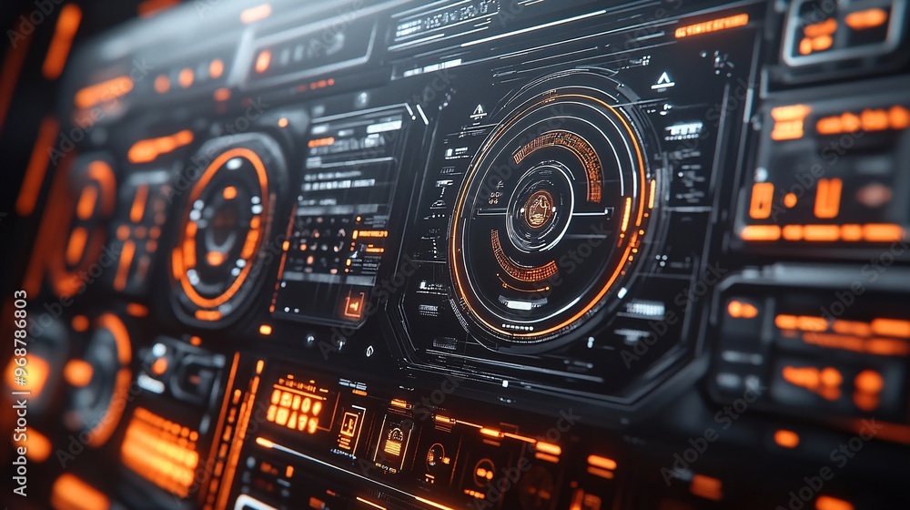 Aufkleber Futuristic holographic interface with transparent floating buttons and touchscreens 3D user interaction elements for a high-tech digital experience Large space for text in center Stock photo with