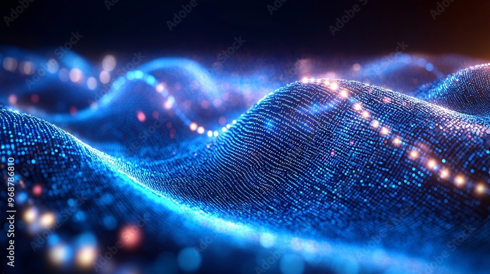 Poster Abstract flowing particles and energy waves representing data and quantum computing futuristic technology with glowing orbs symbolizing qubits Large space for text in center Stock photo with copy
