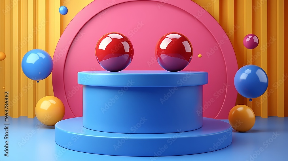 Poster colorful abstract scene with shiny spheres on a pedestal, creating a playful and modern artistic com