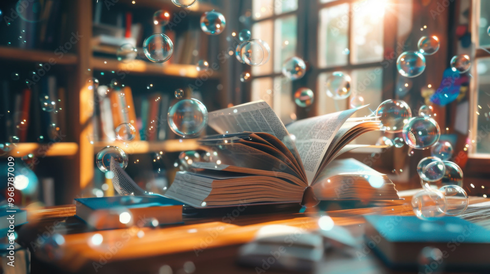 Poster a bookcase filled with books and a book open on a table with bubbles floating around it. the bubbles