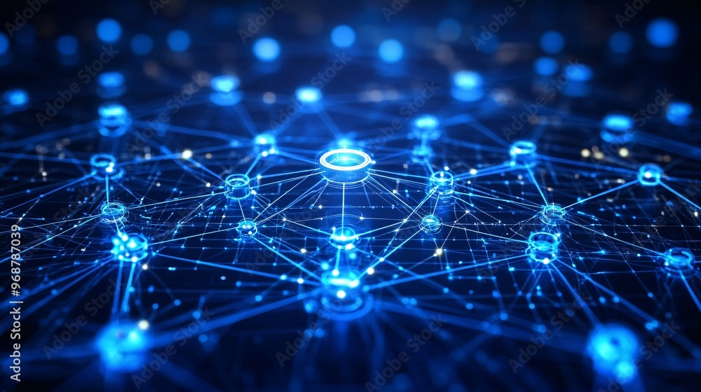 Aufkleber Interconnected nodes and glowing lines representing neural networks and AI processes futuristic data-driven tech concept Large space for text in center Stock photo with copy space