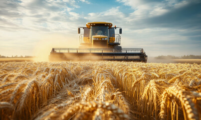 Obraz premium Combine harvester in a golden wheat field during harvest under the warm sunlight