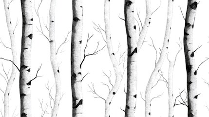 Fototapeta premium Seamless pattern of black and white dead birch or aspen trees in winter background