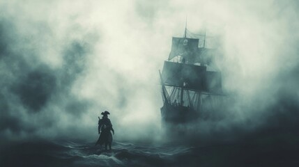 A Pirate Stands Alone on the Sea in the Fog, Facing a Ship with a Skull and Crossbones