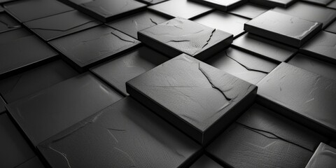 Closeup of abstract, dark rectangular shapes, arranged in a geometric pattern on digital background.