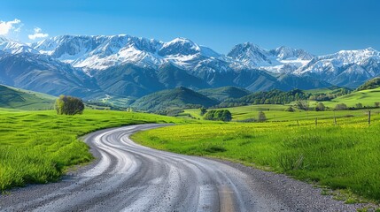 Fototapeta premium A beautiful rural landscape with a winding road, green pastures, and snow-capped mountains, all bathed in the warmth of a sunny day.