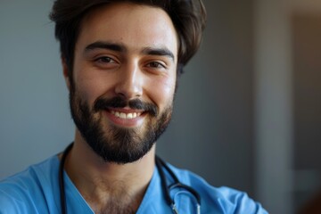 Fototapeta premium Happy Hispanic male nurse in blue uniform with beard.