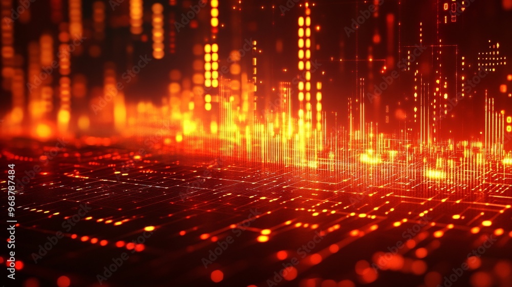 Aufkleber Quantum computing visualization with abstract glowing qubits and waveforms flowing in a high-tech environment futuristic digital background Large space for text in center Stock photo with copy space