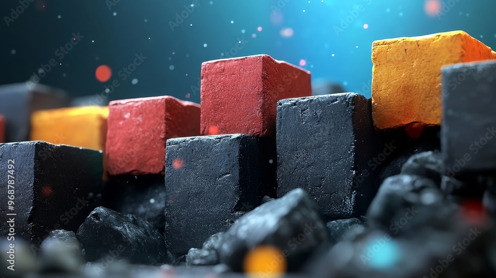 Poster colorful cubes arranged on a dark surface create a vibrant abstract scene with a dreamy background.